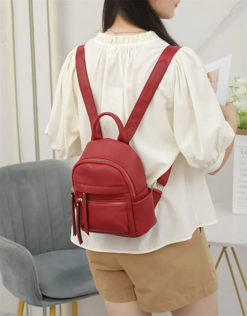 Kleine Frau Echt leder Rucksack Anti-Diebstahl Damen Reisetasche lässig Echt kuhle der Rucksack – Detail 3
