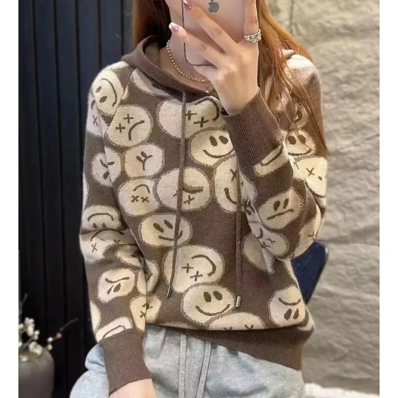 

European fashion smiley face jacquard hooded cashmere knitwear women's spring autumn slimming bottom hoodie loose wool hoodie