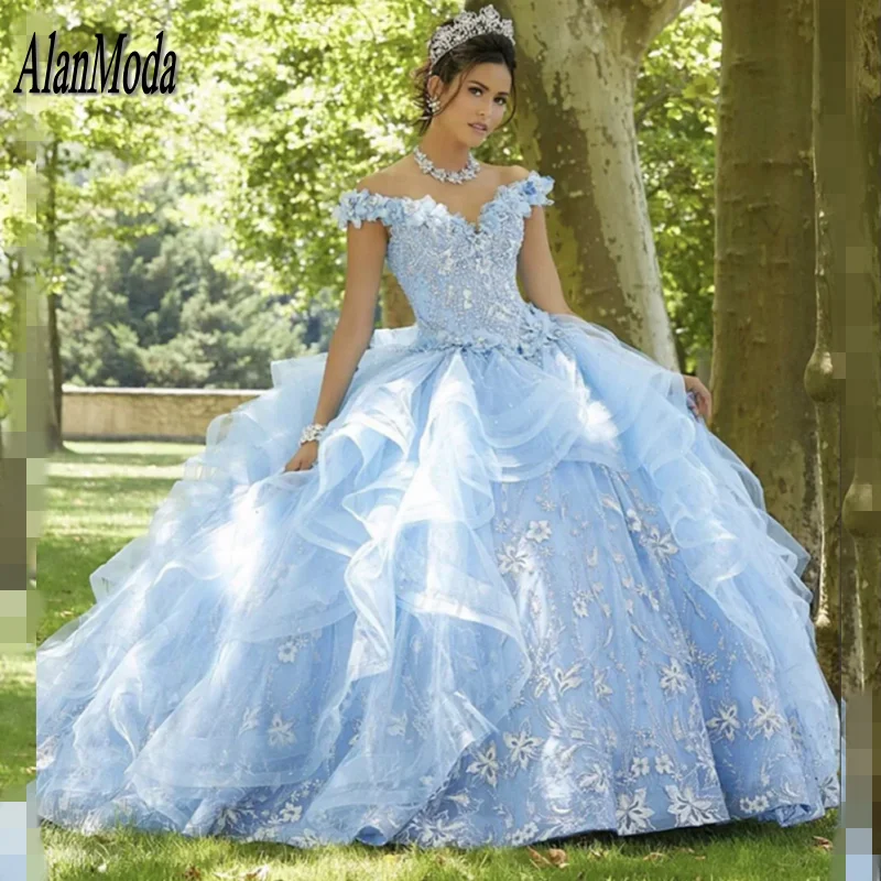 

Elegant Quinceanera Dresses Off Shoulder Appliques Sequins Flowers Princess Sweet 16 Party Gown Vestidos De 15 Años