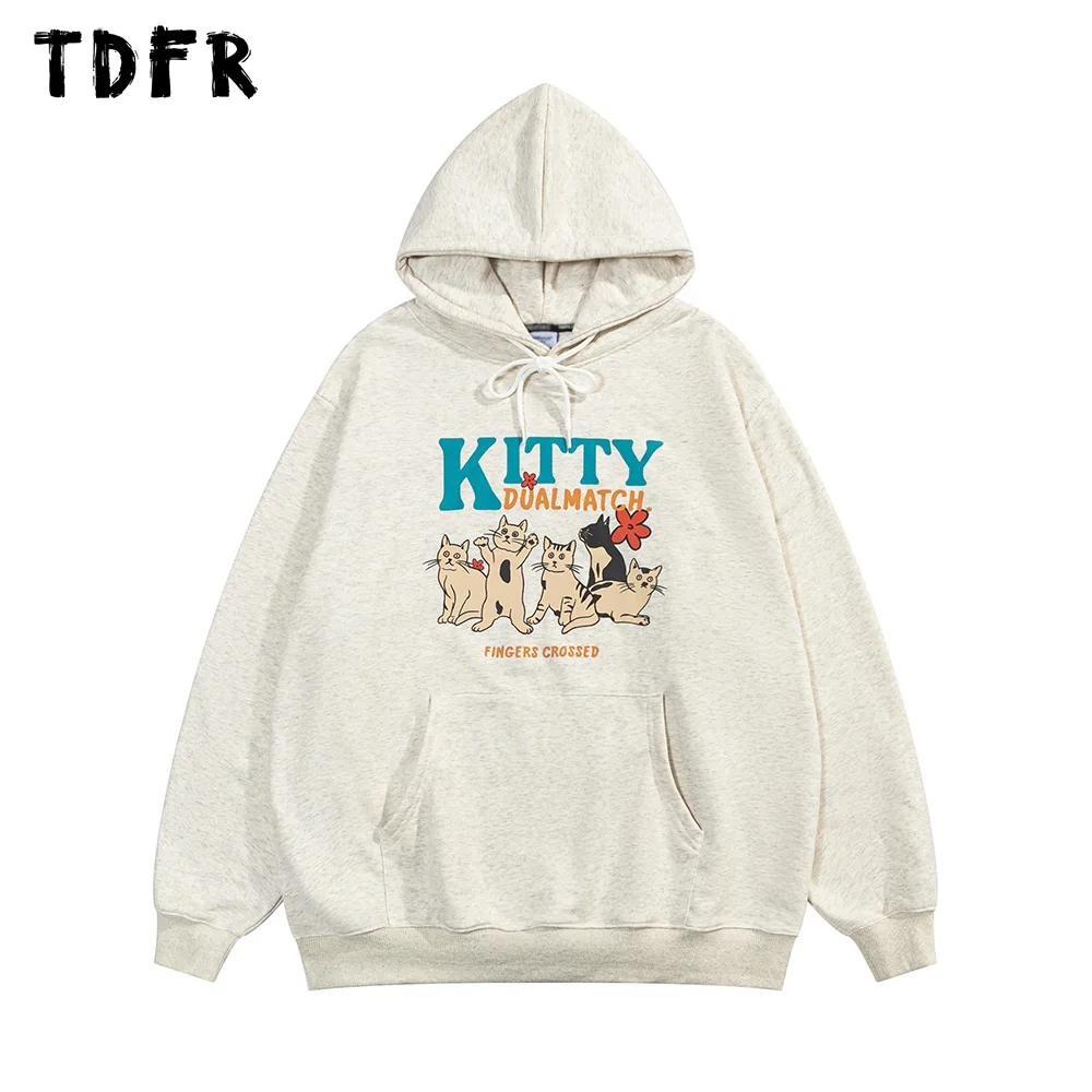 

Kitty Print Hooded Sweatshirts Mens Pocket Autumn Loose Casual Long Sleeve Hoodies Men Top