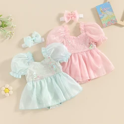 Summer Baby Clothing Girls Romper Dress Puff Sleeve Sequins Flower Mesh Layered Dress with Bow Headband Nebworn Clothes