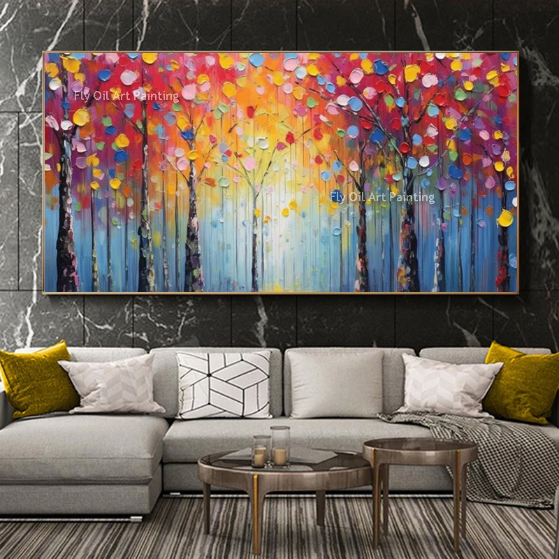 

100% ручная работа абстрактная красочная деревья искусство Толстая картина маслом на холсте Современная Настенная картина для гостиной домашний декор