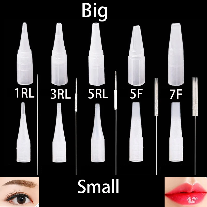 100 PCS Disposable Eyebrow Tattoo 1R/3R/5R/5F/7F Needles Caps Plastic Machine Permanent Makeup Tips Traditional Accessories