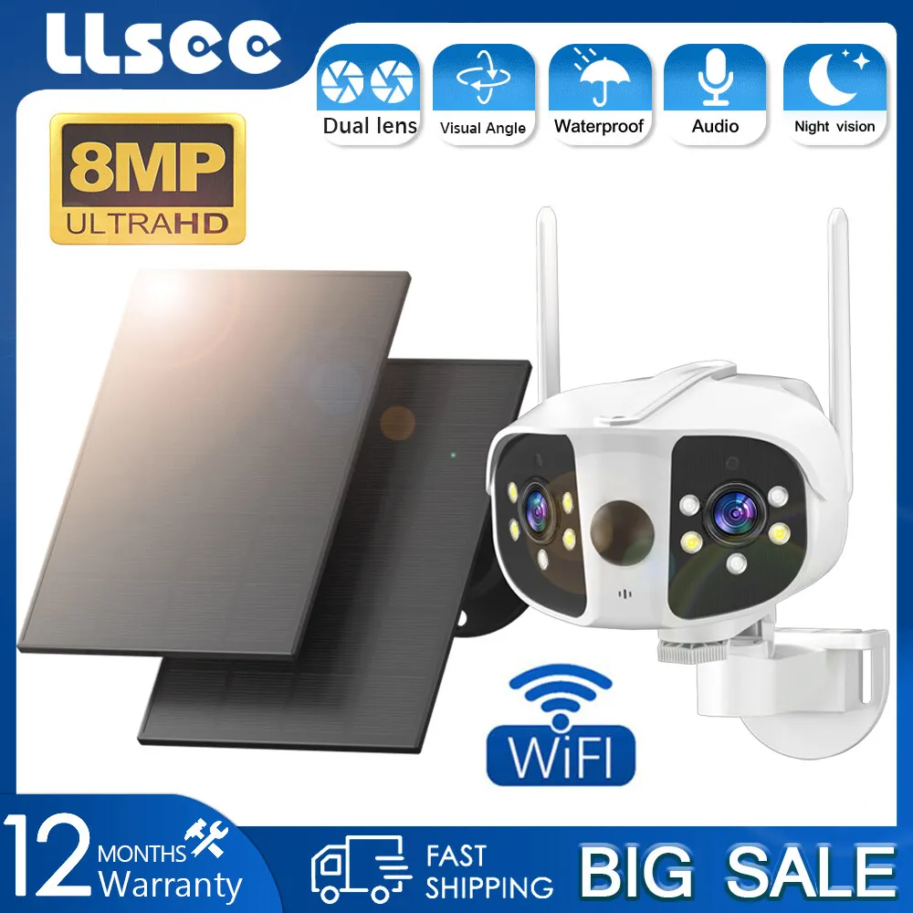 

LLSEE 4g sim card wifi outdoor camera ultra wide angle 180 degrees, wireless cctv solar 4K 8MP solar cctv waterproof IP66 safety