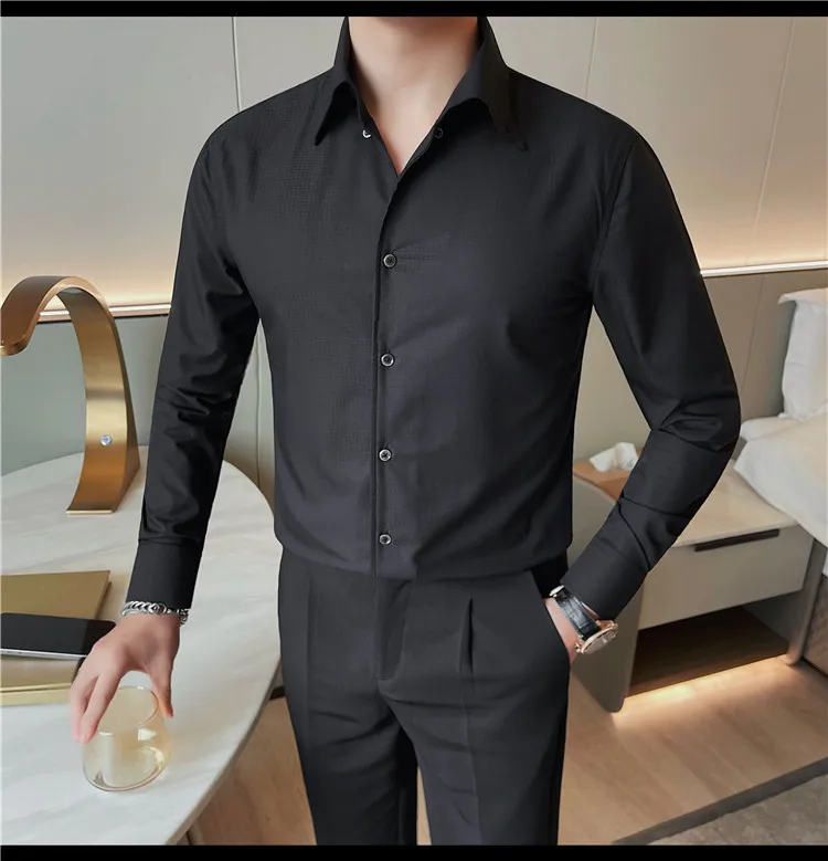 Description Picture 6 of itemClassical Solid Color Long Sleeve Shirts Men Slim Fit Casual Business Formal Shirt Social Office Streetwear Tuxedo Blouse M-3xl