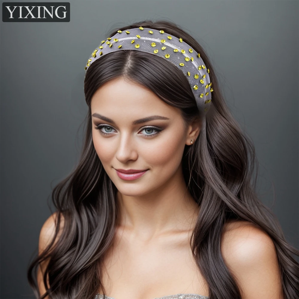 

HNYYX Yellow Rhinestones Mesh Headband Woman Party Hair Accessory Crystal Headwear for Girls Women's Fashion Hair Hoops A03-L