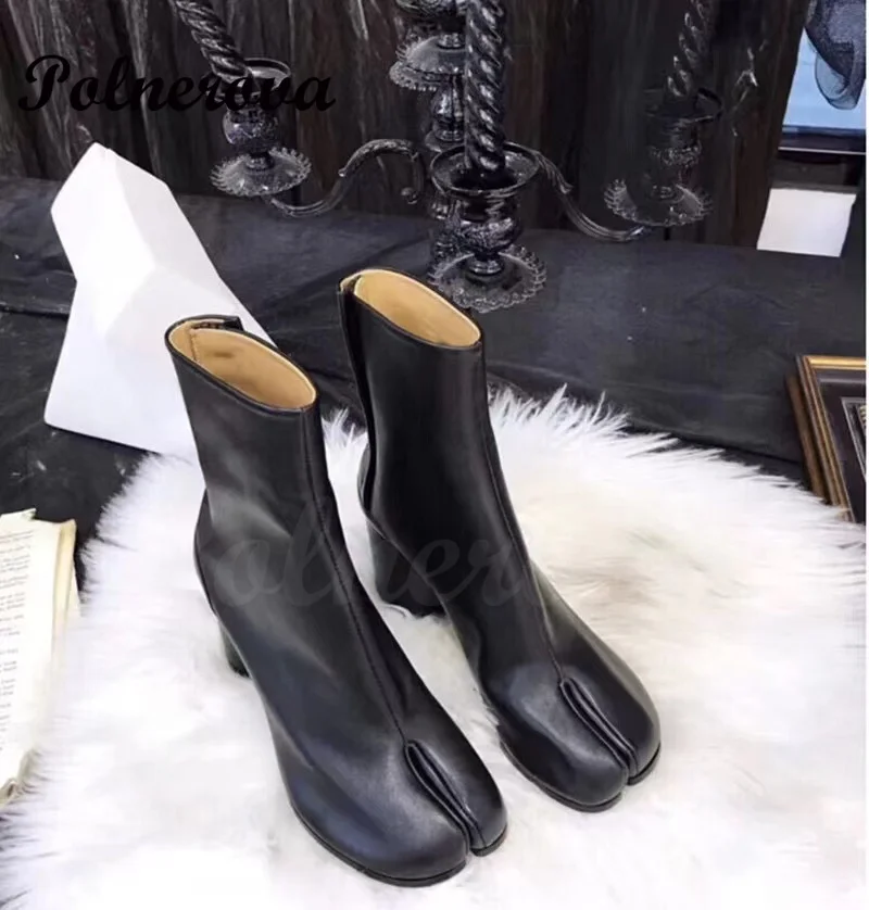 White Split-Toe High-Heeled Ankle Boots Women's Horseshoe Heel Black Leather Ankle Boots Pig's Feet Mid-Tube Sequined Boots