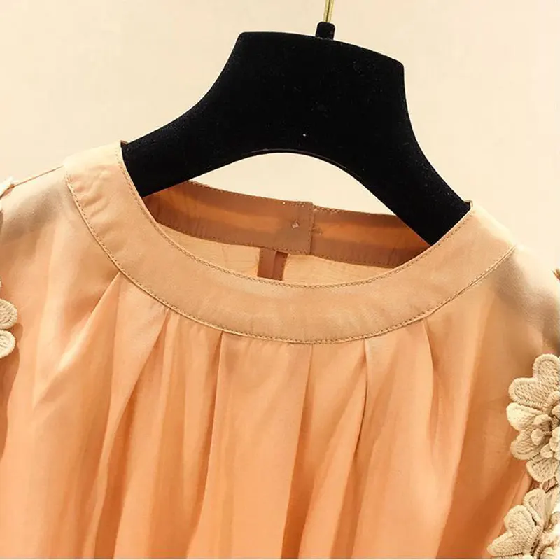 Orange Flower Three-dimensional Decoration Raglan Sleeve O-Neck Pullover Women's Blouse Shirt Female Clothing Tops Fashion 2024 4