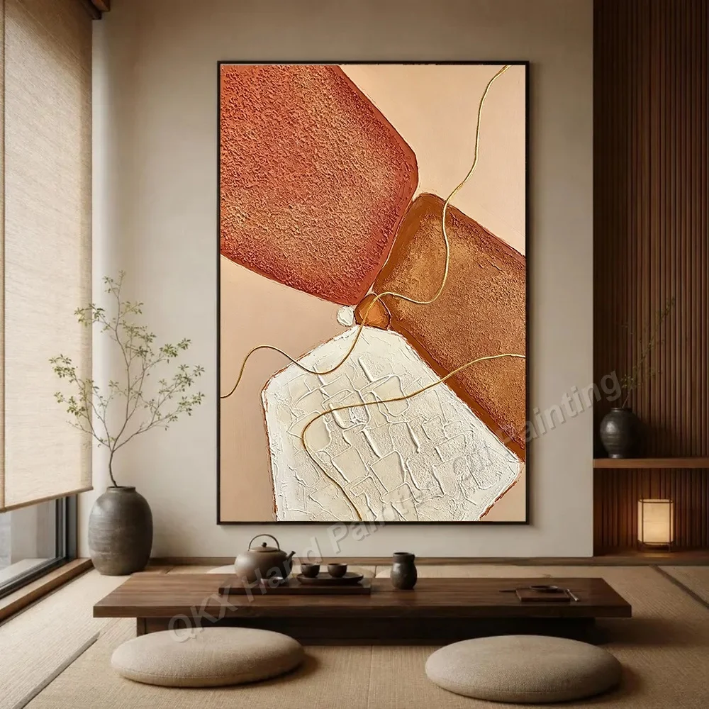 Dipinto a Olio su Tela Fatto a Mano, Decorazione Murale per Soggiorno, Arte su Tela Geometrica Wabi-Sabi con Linee Dorate Verticali in Impasto - immagine 6