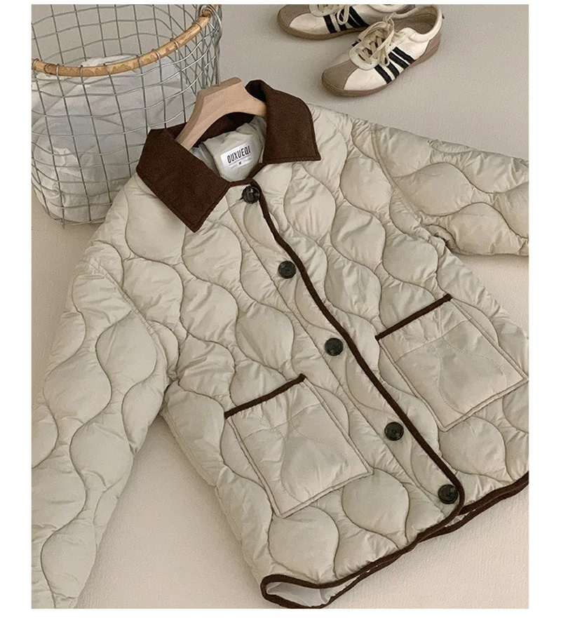 Short Down Cotton Jacket Women 2025 New Contrasting Color Lapel Diamond Grid Lightweight Loose Cotton Clothes Female Outerwear