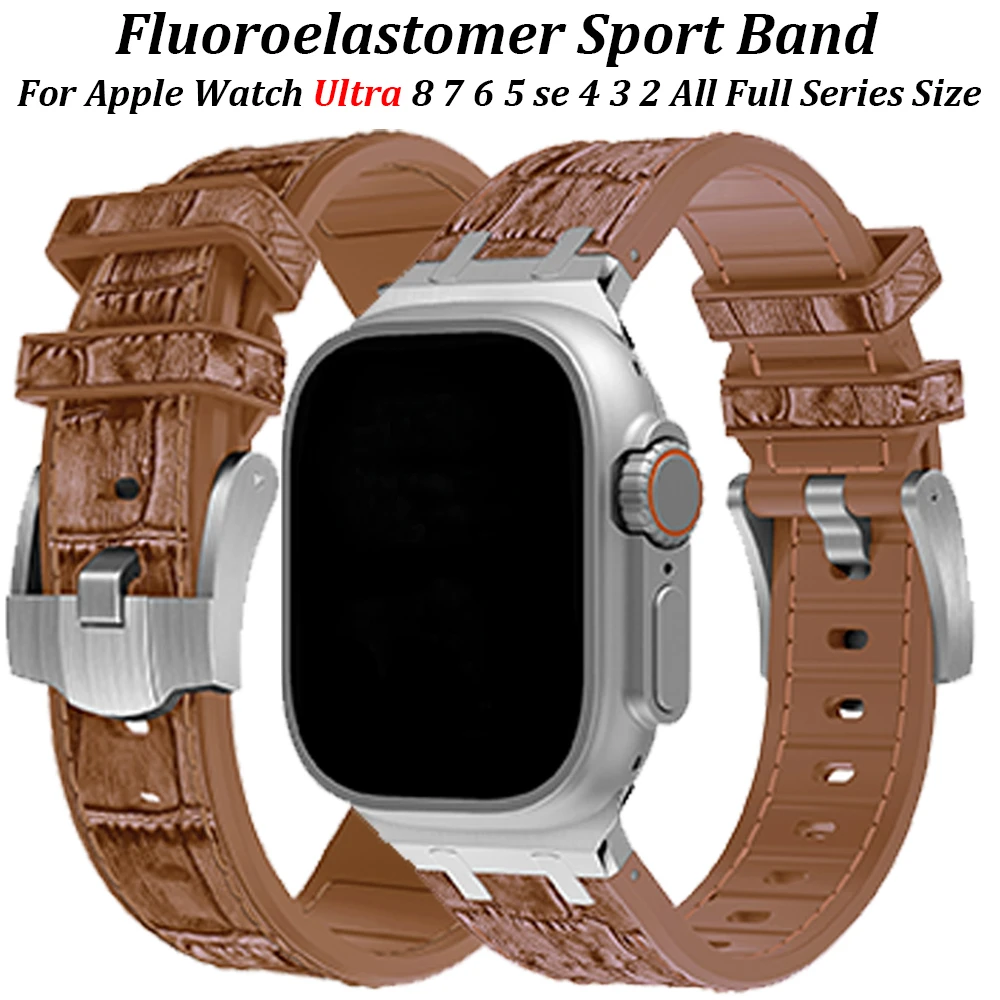 

Crocodile Pattern Fluororubber Strap for Apple Watch Band 49mm 45mm 44mm 42mm 41mm 40mm Bracelet for IWatch Ultra 8 7 6 5 4 Se 3