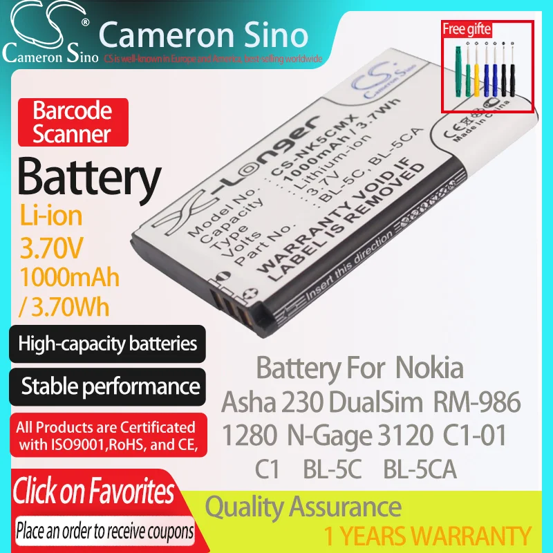 Batteria Cameronsino Per Nokia Asha 230 Dualsim Rm-986 1280 N-Gage 3120 C1 C1-01 Adatto A Batteria Per Scanner Di Codici A Barre Nokia Bl-5C Bl-5Ca