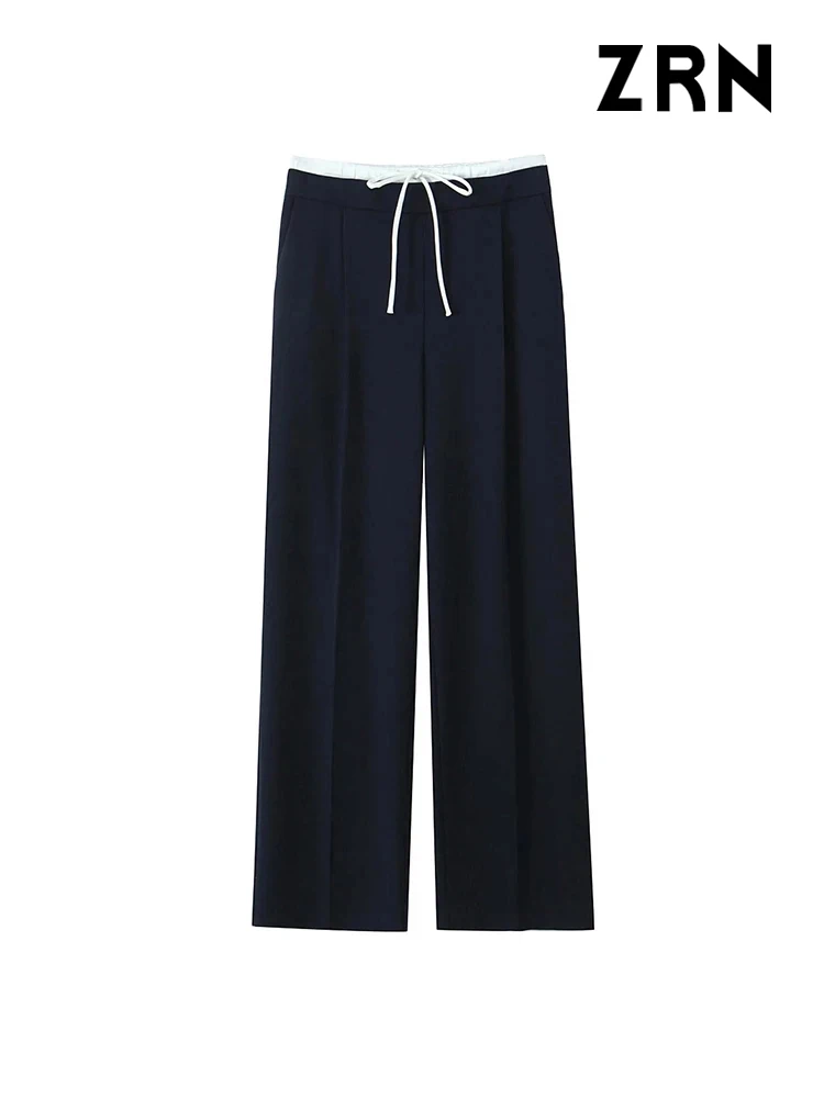 ZRN-Women's Double Waistband Wide Leg Pants, High Elastic Waist With Drawstring, Side Pockets, Female Trousers, Chic Fashion