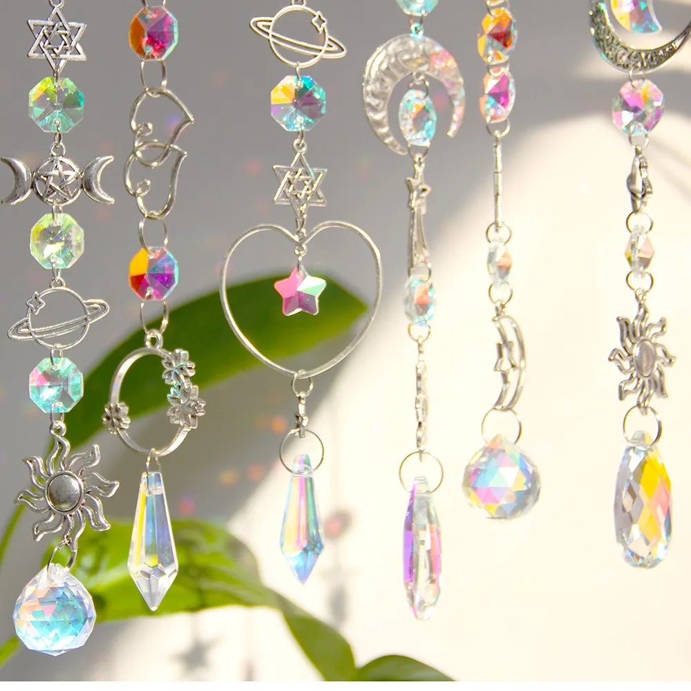 Silver Planet Theme Suncatcher Sun Moon Star Crystal Pendant Sun Catcher Home Outdoor Garden Decoration Wedding Party Decor Gift