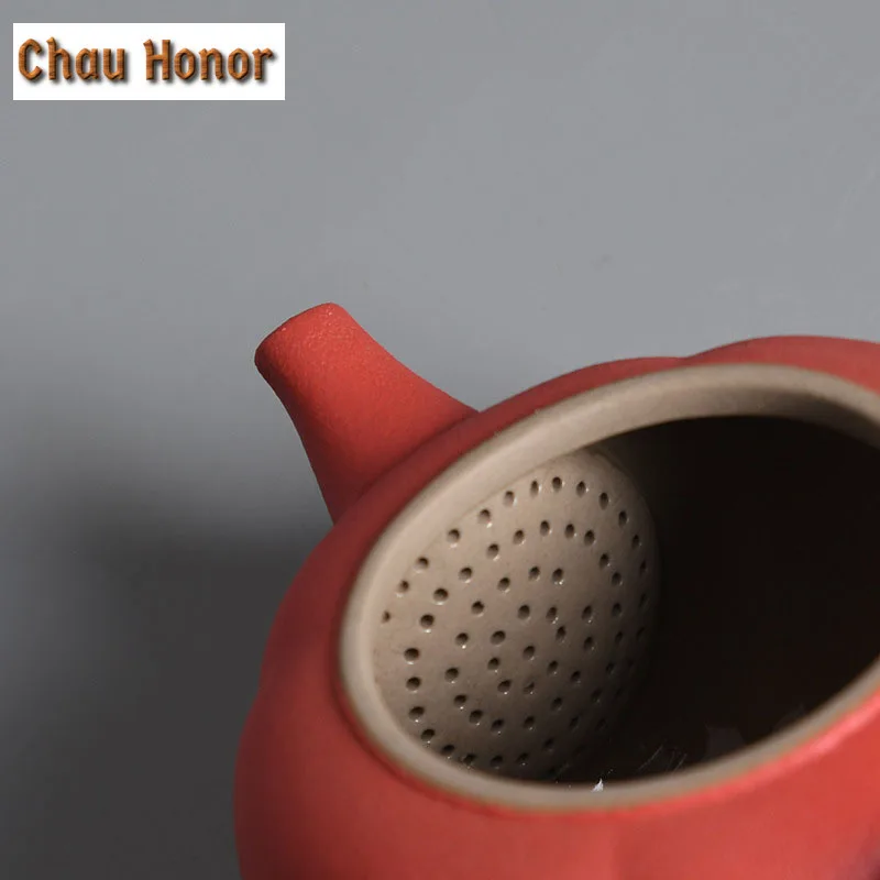 200ml Handmade Vermilion Persimmon Ceramic Teapot Retro Chinese Kung Fu Tea Gold Lid Small Master Pots As Wishes Gift Packaging