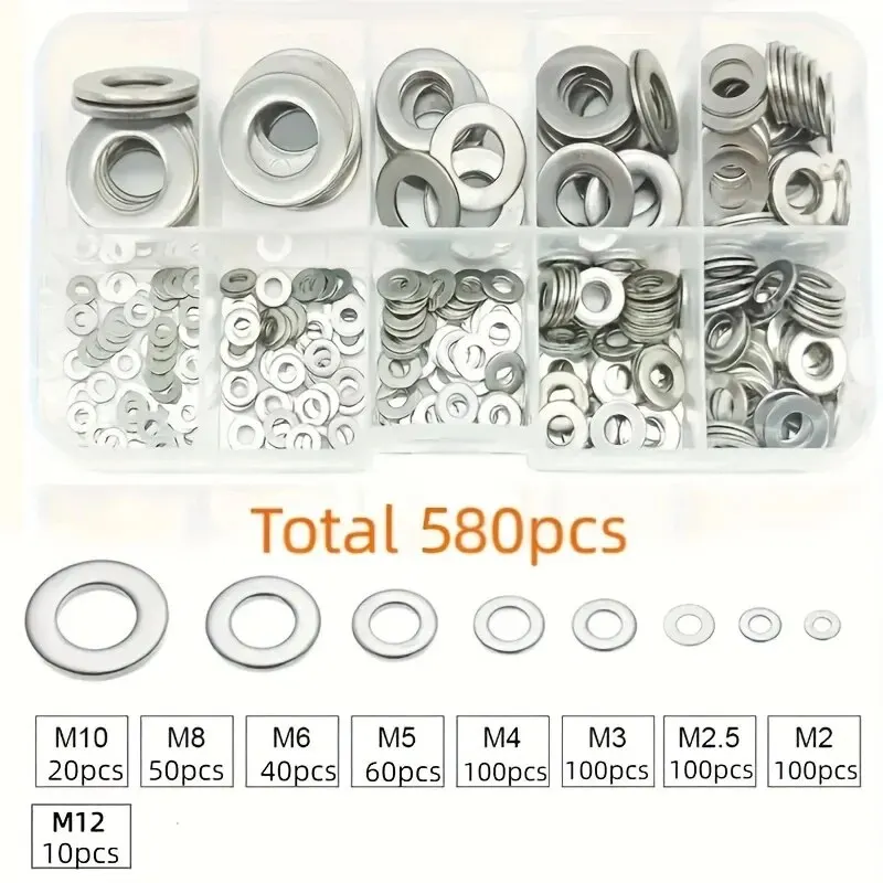 304 Stainless Steel Flat Washers Set Perfect For Home Decor Factory Repair Kitchens Shops & More 360/580pcs stainless steel washers