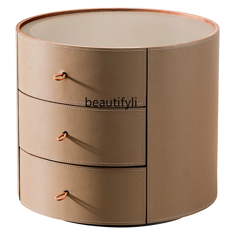

Italian Minimalist Bedside Table round Designer Model Light Luxury Saddle Leather Bedside Cabinet