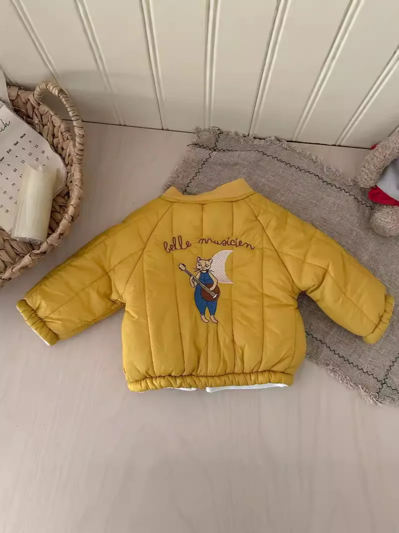 Winter Baby Fleece Warm Coat Cartoon Embroidery Boys Girls Cotton Padded Jacket Plus Velvet Thick Kids Quilted Jacket