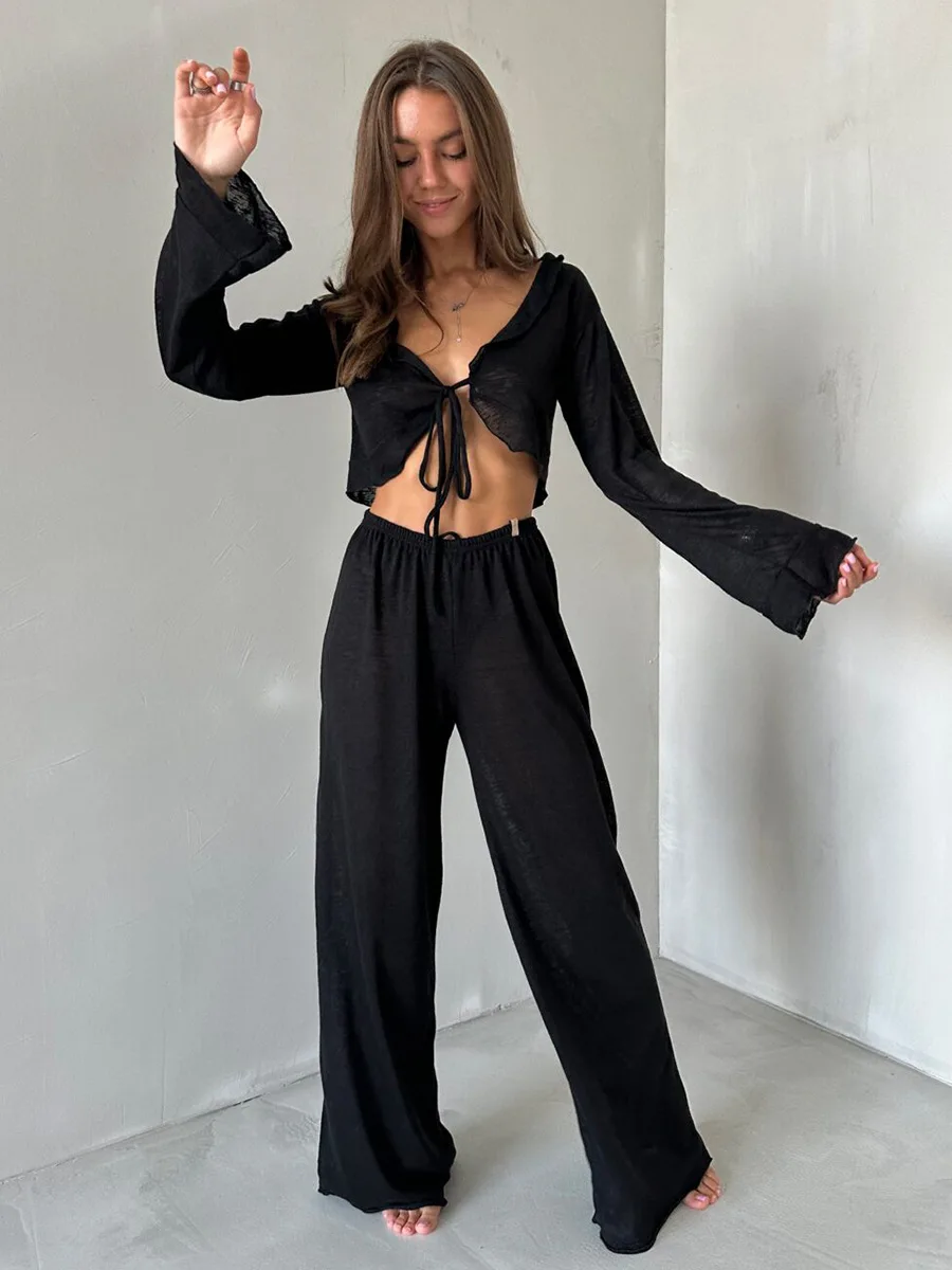 Conjunto informal de dos piezas para mujer, con cuello en V, manga larga con cordones y pantalones de cintura alta.