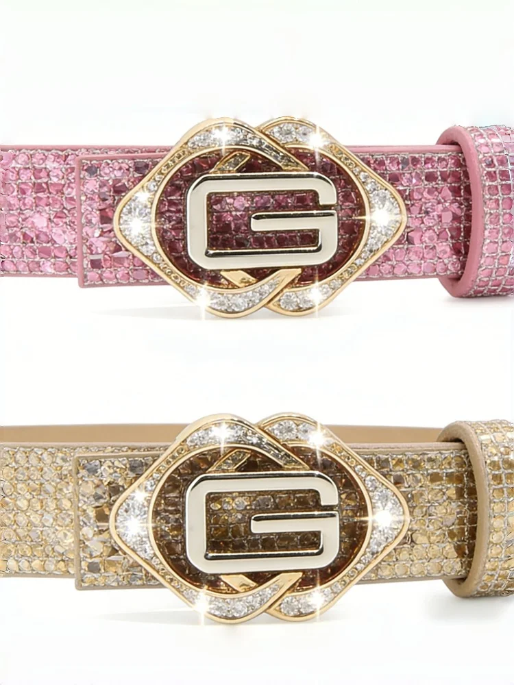 Damen Glänzender Strass-Gürtel, Luxuriöser Kristall-G-Typ-Schnallengürtel, Perfekt für Kleider und Jeans, Y2K-Stil Hip-Hop Party-Gürtel – Detail 5