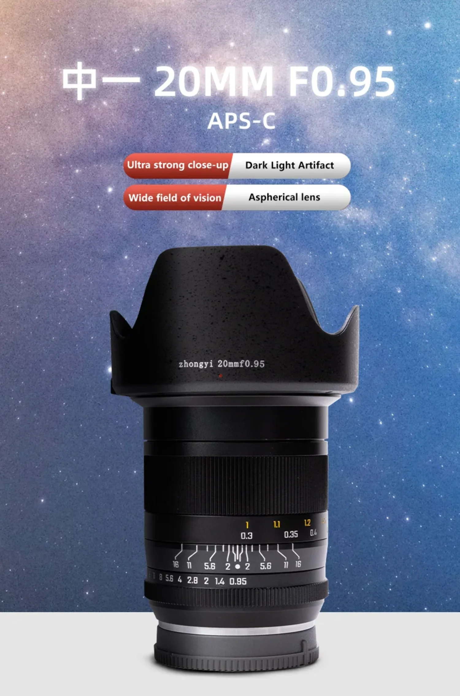 중이 옵틱스 20mm F0.95 카메라 렌즈 초광각 APS-C 수동 초점 렌즈 (니콘 Z, 캐논 RF, 후지필름 XF, E 카메라용)