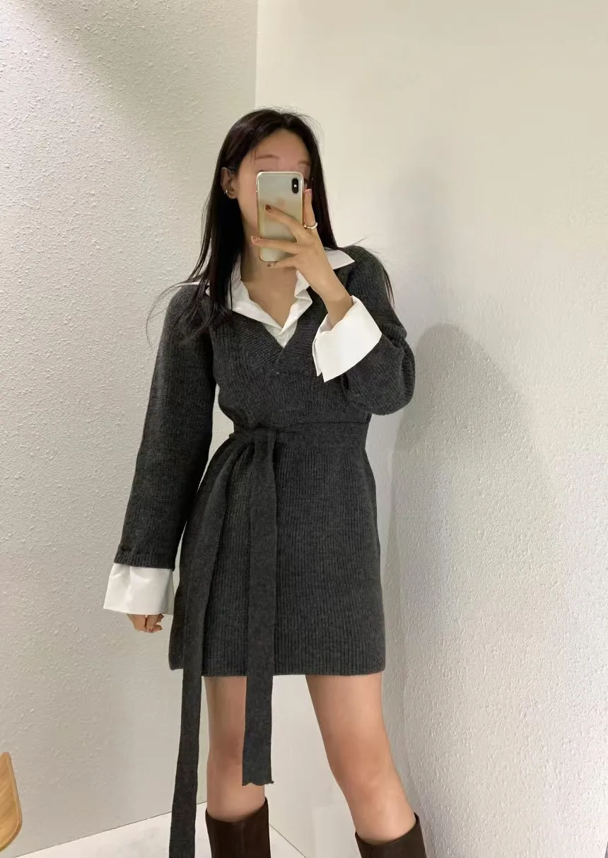Korean Chic Mini Dresses Women Turn-down Collar Long Sleeve Shirt Patchwork Autumn Winter Knitted Dress Casual Fashion Vestidos