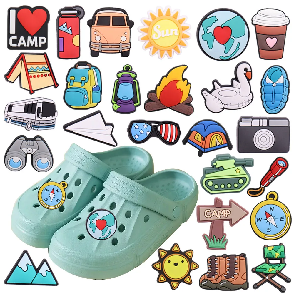 

1-26PCS PVC Shoe Charms Camp Telescope Chair Flashlight Sleeping Bag Backpack Compass Buckle Clog Pins Hole Slipper Decoration