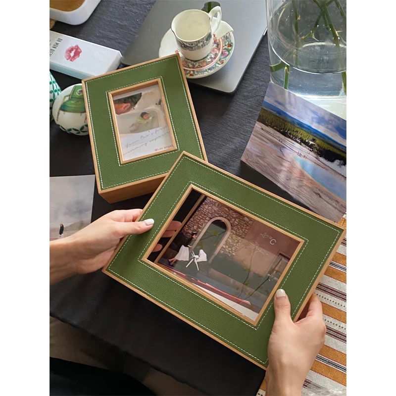 

Olive green saddle leather frame, Danish birch wood classic H magnetic absorption, 6-inch 7-inch frame, light luxury