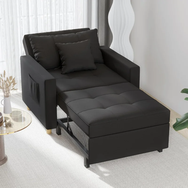 Sleeper Chair, 3-1 Convertible Chair Bed Pull Out with Adjustable Backrest, 2 Pillows, Side Pocket, Upgrade Foam Black