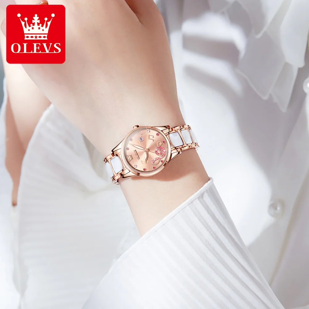 OLEVS Luxury Women Watch Set Ceramic Strap Date Luminous Hands Waterproof Ladies Quartz Watches, With Bracelet Necklace Gift Box