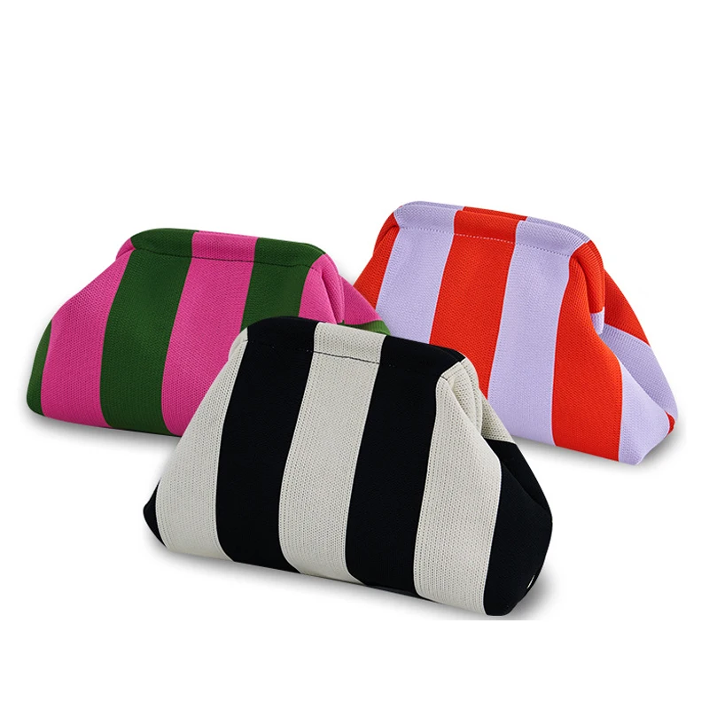 Fashion Knitted Striped Clutch Bag for Women Panelled Clip Shell Lady Handbags Casual Summer Beach Bag Perfect Vacation 2024
