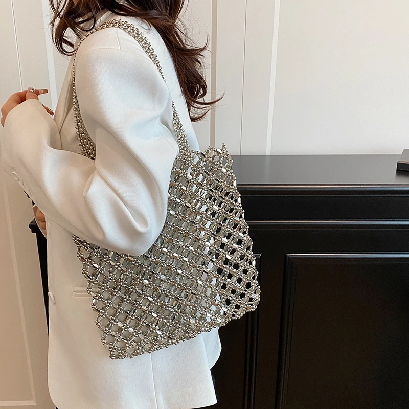 2025, neue Sommer-Urlaubstasche, Boho-Strand, aushöhlen, Umhängetasche für Frauen, handgefertigte Perlenhandtasche, silberne Metall-Tragetasche mit Griff oben – Detail 17