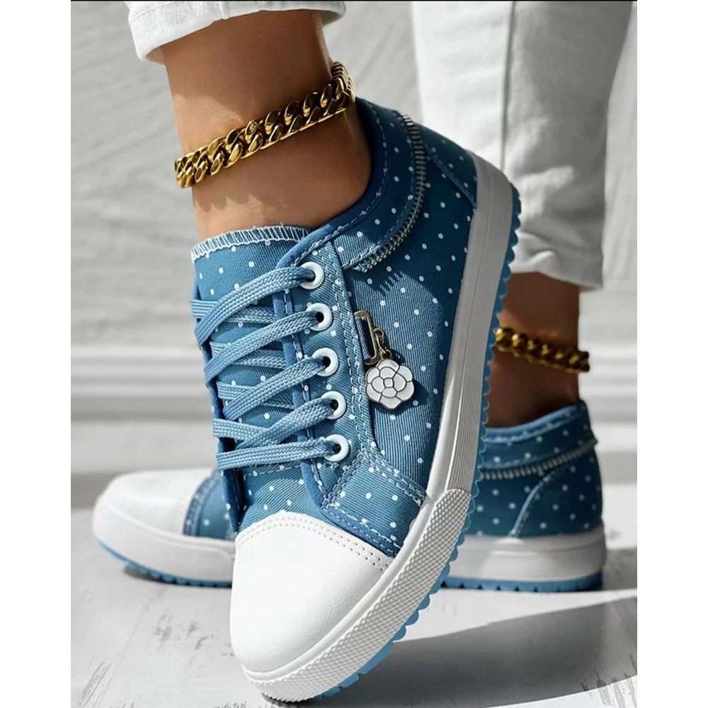 Women Polka Dot Print Round Toe Canvas Sneakers Autumn Women Casual Daily Lace-up Flats Shoes Korean Style Spring Autumn