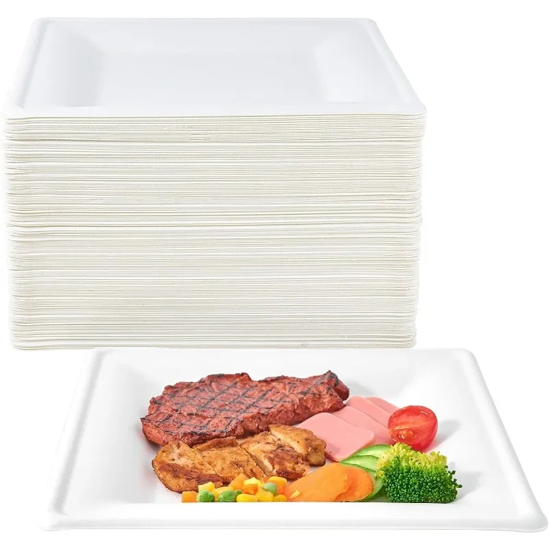 150 Pieces Compostable Square Paper Plates, 10 inch Heavy Duty Disposable Plates, Eco-friendly Biodegradable
