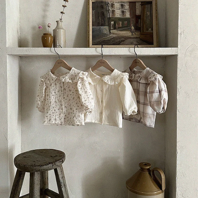 Baby Long Sleeve Lapel Shirts Peter Pan Collar Infant Girl Cotton Floral Blouse Toddler Plaid Tops Baby Bottoming