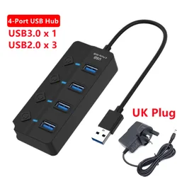 4 - Port USB 3.0 Hub with Power Adapter and Individual Switches (With UK Plug)