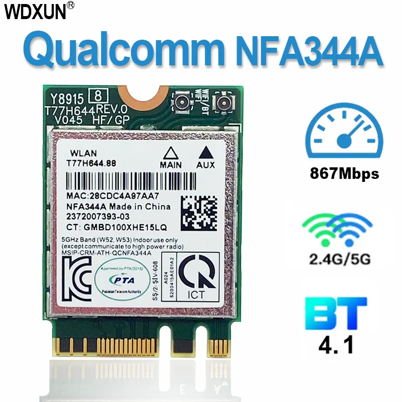 Atheros 무선 802.11AC Wi-Fi 어댑터 QCNFA344A NFA344A 802.11ac 867Mbps Wi-Fi 듀얼 밴드 + BT4.1 블루투스 4.1 NGFF 카드 M2