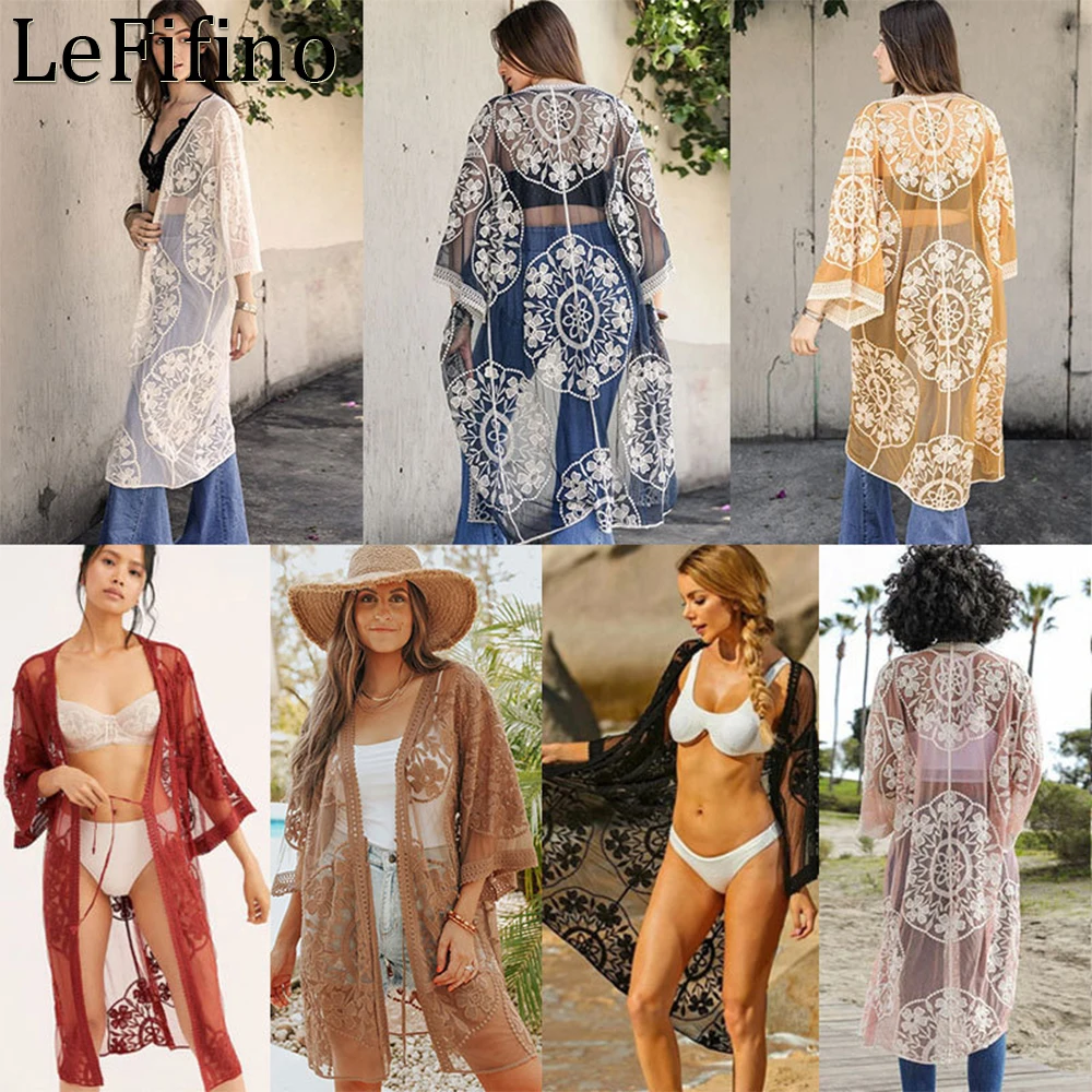 

Летняя модная оригинальная кружевная одежда с вырезами, пляжные солнцезащитные Пальто, кардиган средней длины, накидка на бикини для женщин