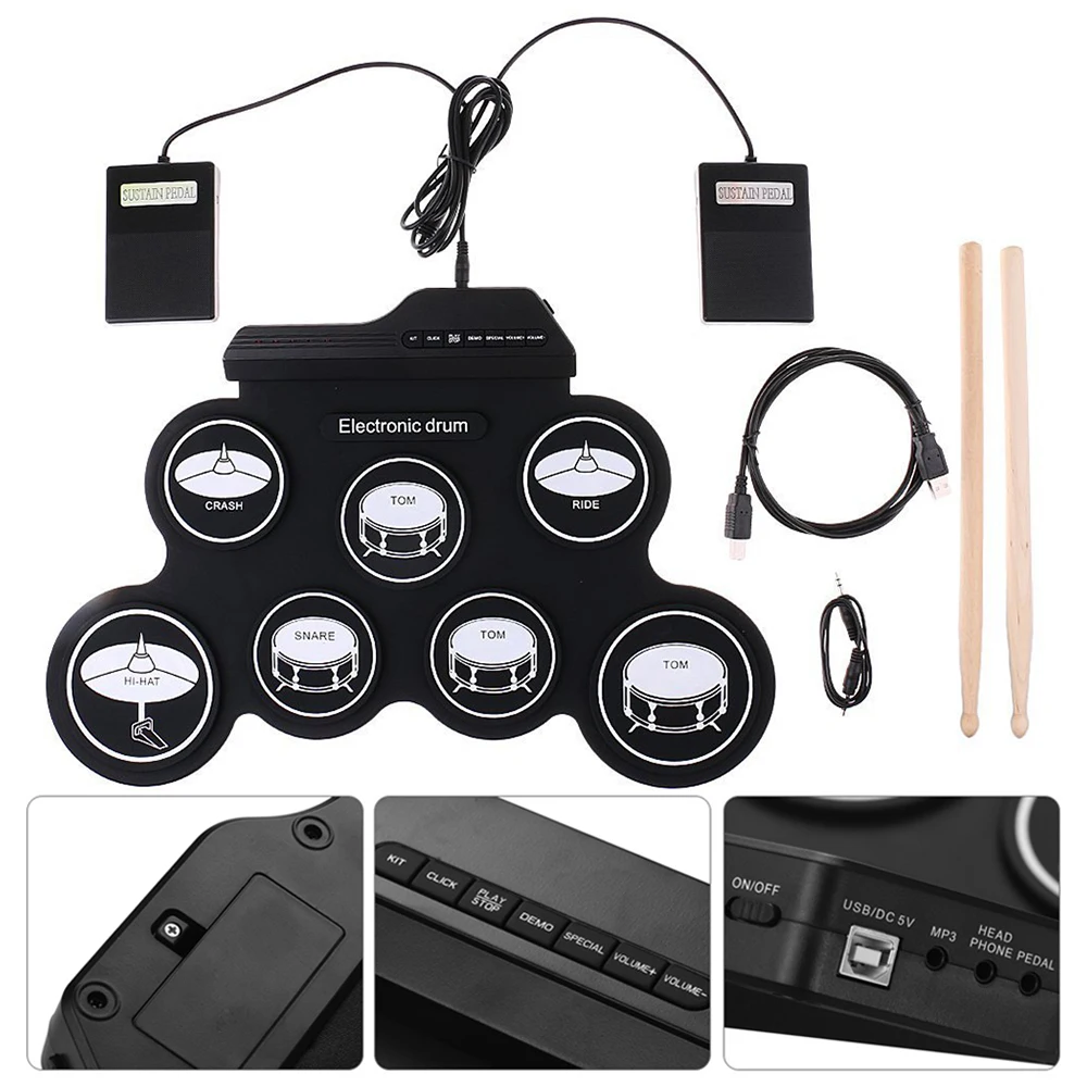 Digital Electronic Drum Compact Size USB Foldable Silicon Drums Set Digital Drum Kits 7-Pad with Drumsticks Foot Pedals