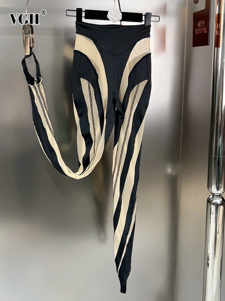 

VGH Hit Color Sheer Pencil Pants For Women High Waist Patchwork Mesh Slimming Sexy Trousers Female Fashion Clothing Style 2023