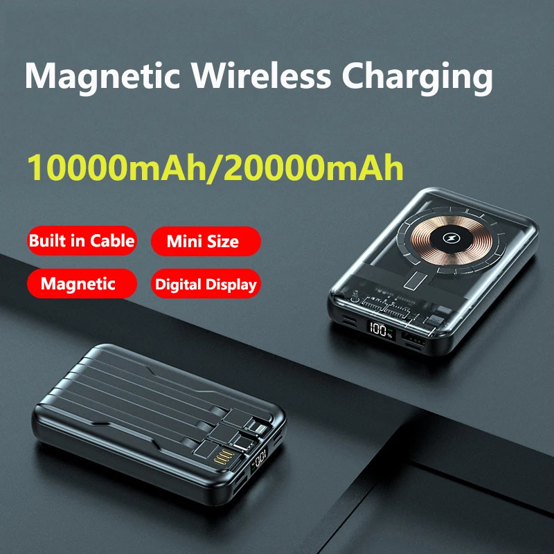 

20000mAh Magnetic Qi Wireless Charger Power Bank Built in Cable for iPhone 14 Huawei Xiaomi Samsung Powerbank with Magnetic Ring