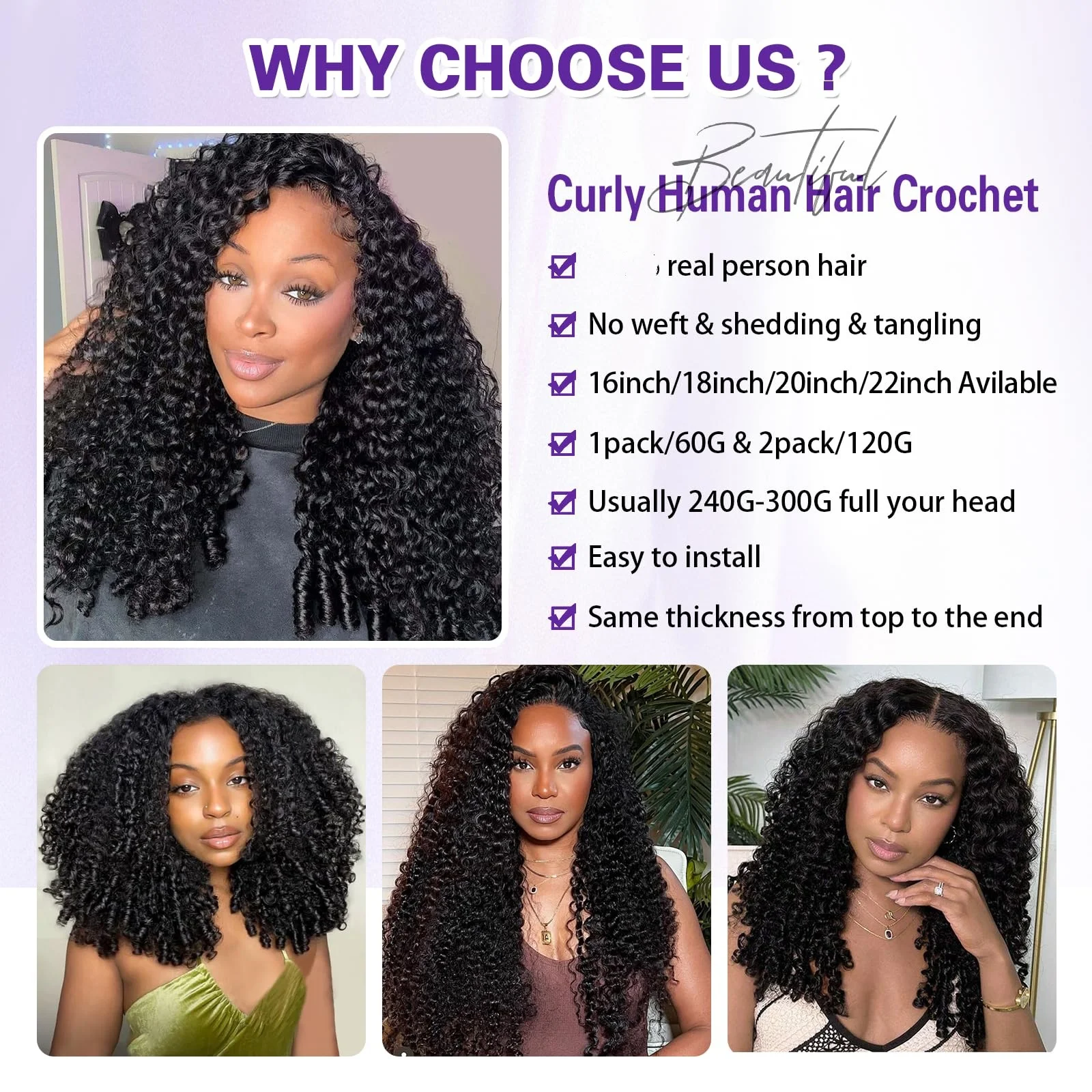 Burmese Curly Human Hair Crochet Braids Extensions Pre Separated Burmese Remy Hair Bundles 12A Lightweight Reusable Remy Hair Extensions For Women Natural Black Color 3