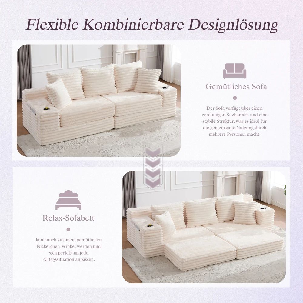 Cordstoff Kompressions-Sofa mit Hoher Rückenlehne und Zusätzlichen Kissen, Beidseitige Taschen, Frei Kombinierbar Als Schlafsofa – Detail 34