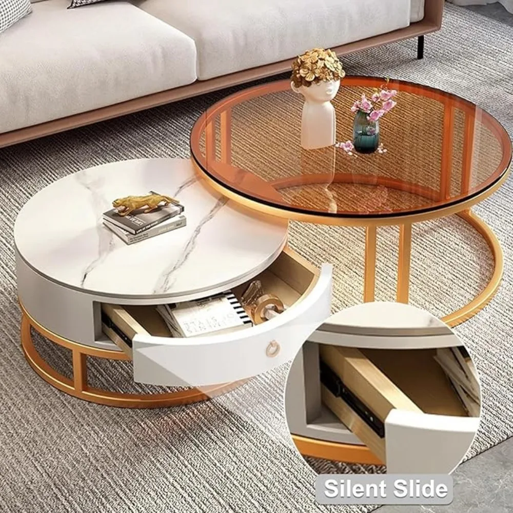 Modern Nesting Coffee Table with drawer,round,soild wood tabletop，metal frame,simple Sliding design tea table for Living Room 6
