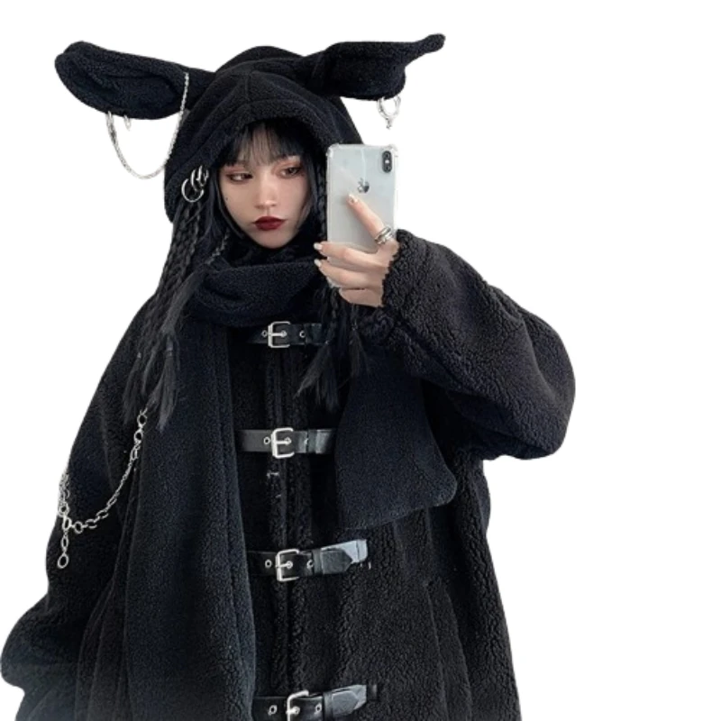 小物 black hooded scarf dorag y2k archive 00s Gothic Black Cap Scarf For Women Neckerchief Winter Hairy