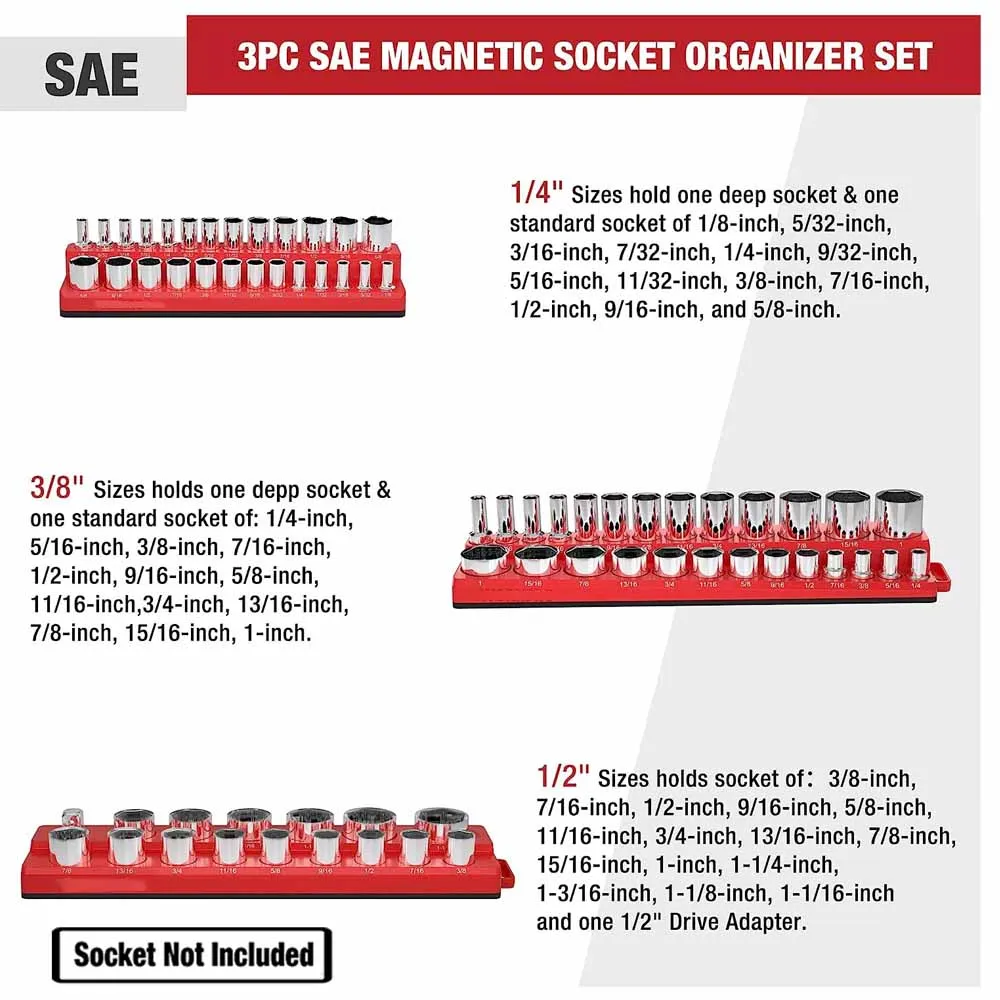Professional 3Pieces Magnetic Socket Holder 1/4" 3/8" 1/2" inch Drive Metric/SAE Socket Organizer Storage Installation Tools Kit 3
