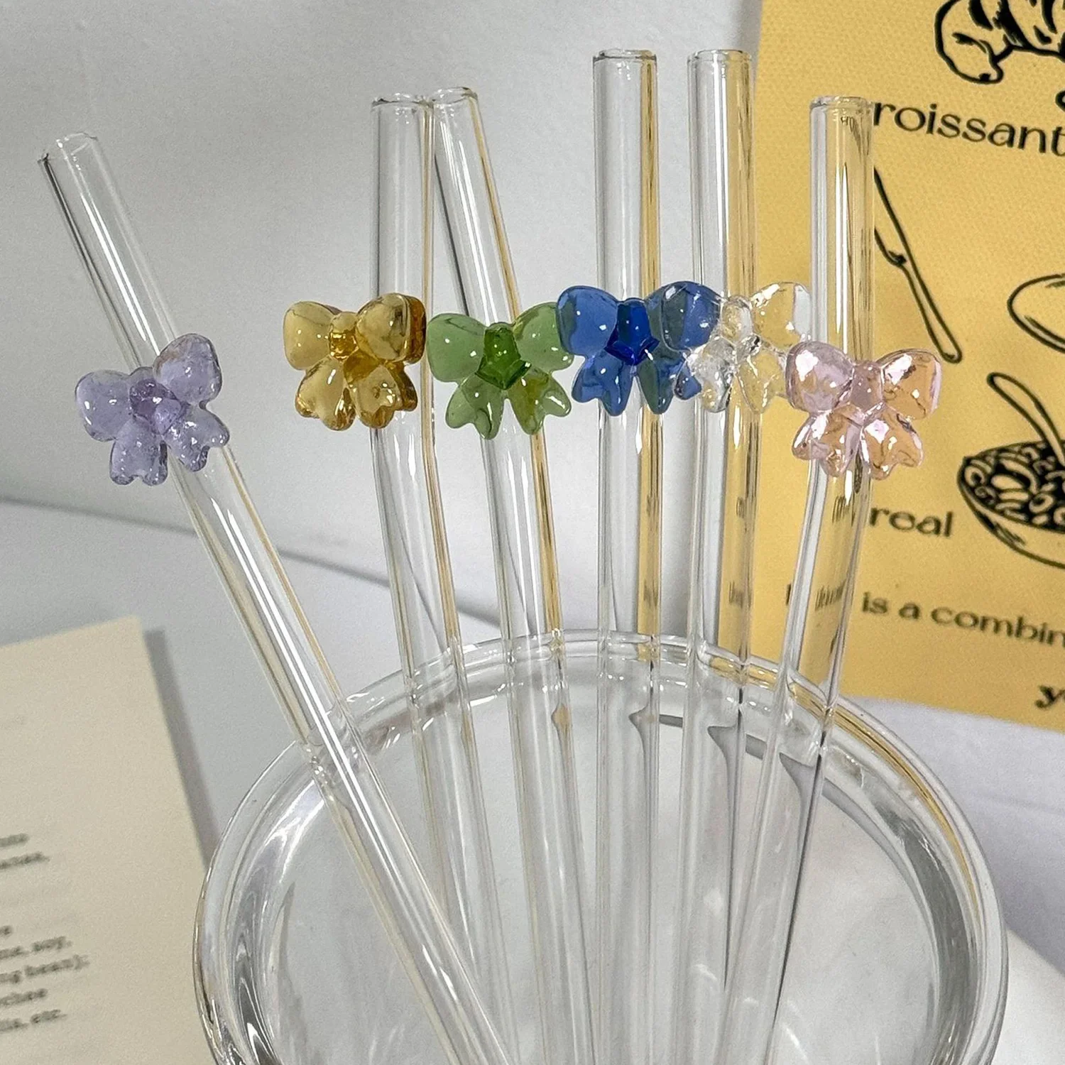 1pcs Glass Straw Reusable Drinking Straw Cute Bow Heat-Resistant for Festival Party Wedding Cocktail Bar Decorations