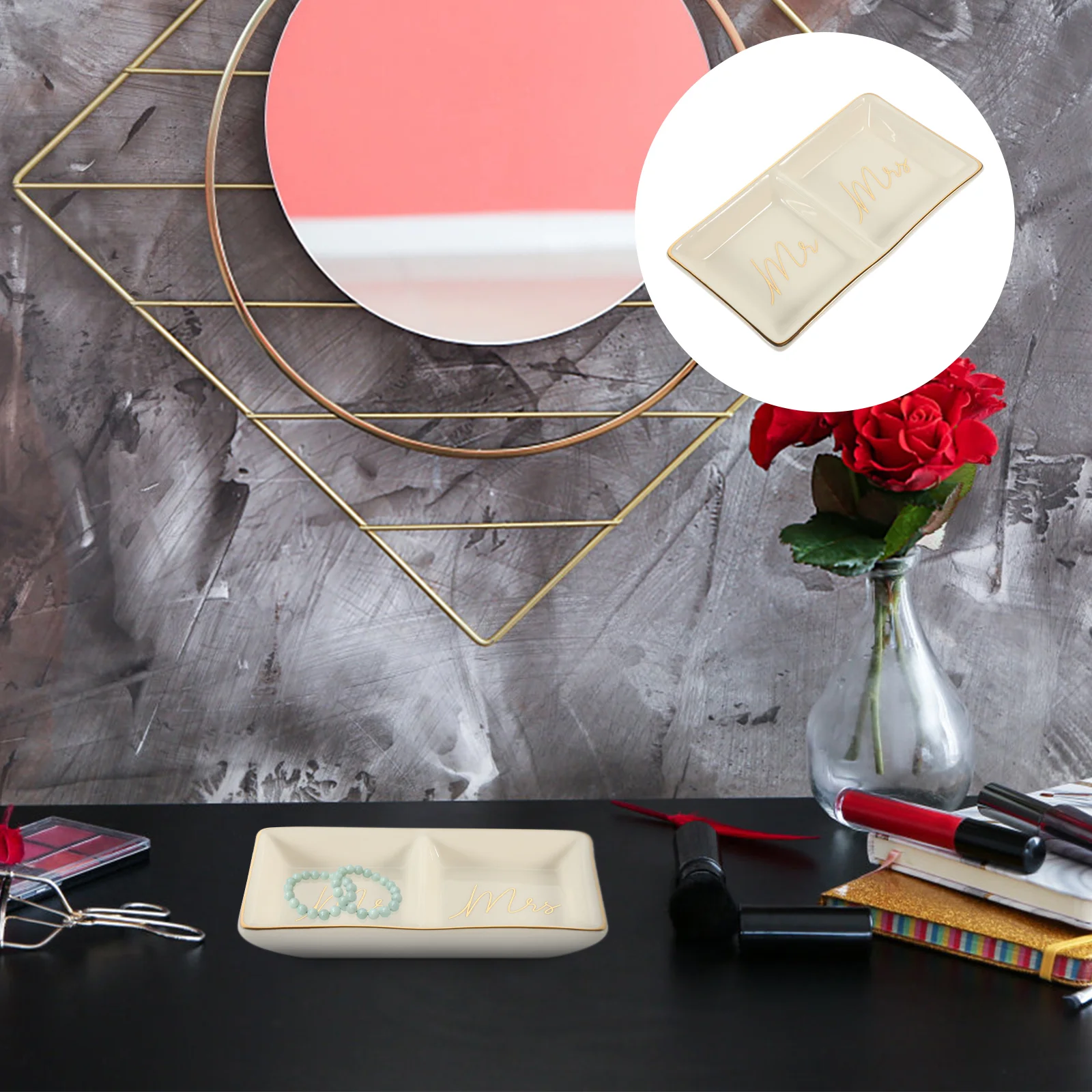 

Mr Mrs Gold Edge Ceramic Hot Stamping Double Compartment Jewelry Storage Tray Style 2 Small Decorative Key