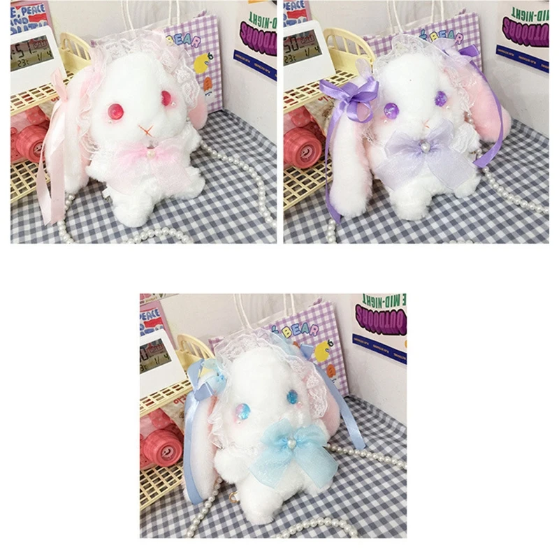 Rabbit Shoulder Bags Womens Plush for Doll Crossbody Bags with Beaded 3