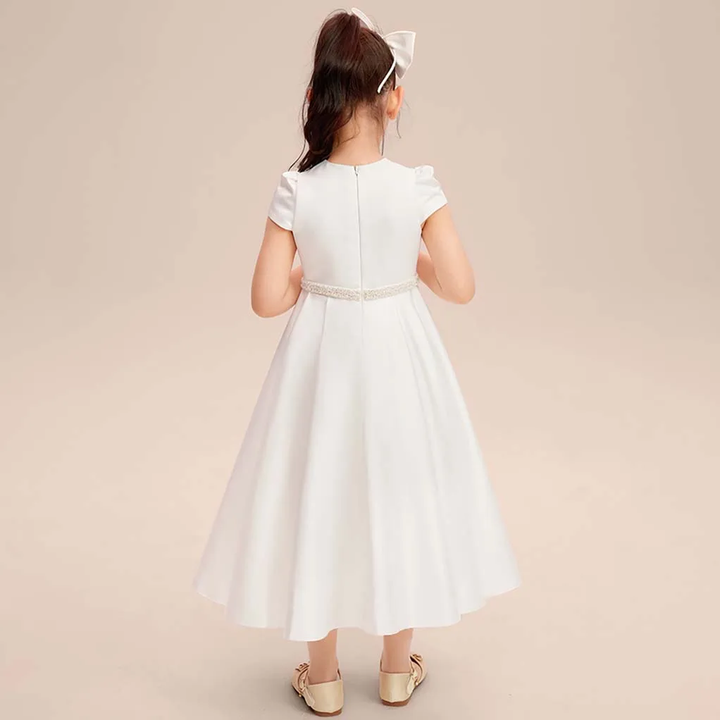 A-line Scoop Floor-Length Satin Pageant Party Flower Girl Dress for Kids Wedding Bridesmaid Birthday Party Formal Princess Gown